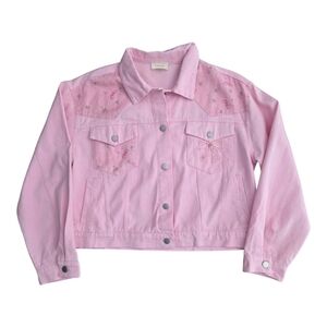 Floral Bow Cropped Jean Jacket In Bubble Gum Pink, Size L